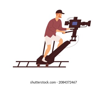 Cameraman shooting on tracking dolly system for zooming. Video operator and camera moving on rails during film-making. Film production technology. Flat vector illustration isolated on white background