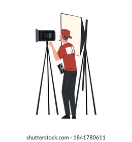 Cameraman Shooting with Professional Video Camera on Tripod, Television Industry Concept Cartoon Style Vector Illustration