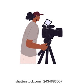 Cameraman shooting reportage with professional camera. Videographer works at cinematograph. Video operator recording cinema, movie. Videography. Flat isolated vector illustration on white background