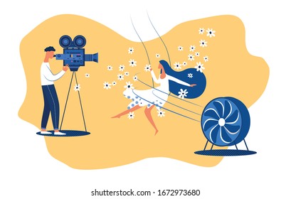 Cameraman Shooting Scene with Young Actress Riding Swing, Special Equipment Randomly Sprinkle Flowers. Cinema Production Process, Moviemaking Entertainment Industry. Cartoon Flat Vector Illustration