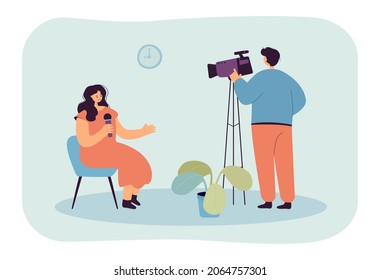 Cameraman shooting woman sitting on chair with mic. Man filming interview, news or outside broadcast flat vector illustration. Journalism, TV concept for banner, website design or landing web page