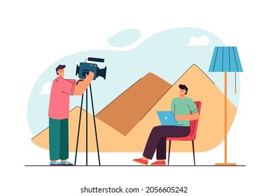 Cameraman shooting young man with laptop on chair. Video session of male freelancer on desert background flat vector illustration. Video recording concept for banner, website design, landing web page