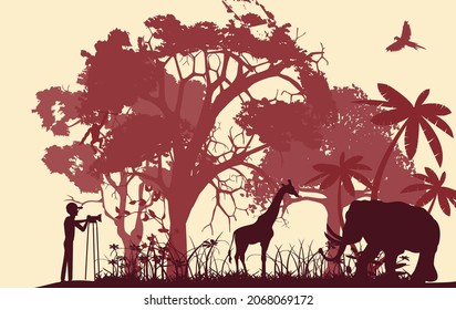 Cameraman shots the wildlife scene in Africa, vector silhouettes