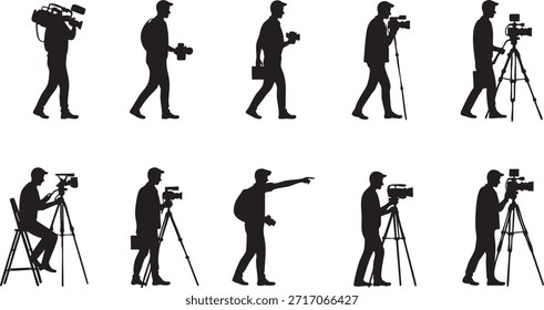 Conjunto de silueta de camarógrafo con varios equipos de cámara Vector, ilustración