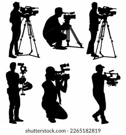  cameraman silhouette set with video camera, logo, icon