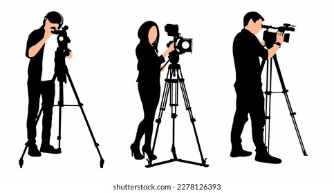 cameraman silhouette set with video camera, logo, icon