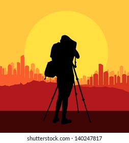 Cameraman silhouette vector background filming city