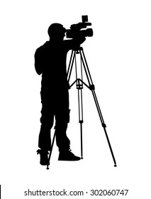 Cameraman silhouette with video camera in studio isolated on background. Vector illustration. 