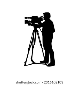 Cameraman silhouette or videographer man standing to operation professional camcorder with tripod. Icon vector illustration in trendy style. Editable graphic resources for many purposes.