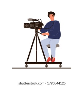 Cameraman sitting hold professional camera with microphone vector flat illustration. Operator in earphones shooting reportage or studio filming isolated. Film making or newcast video backstage