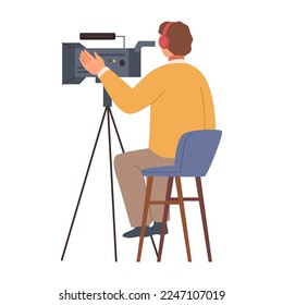 Cameraman sitting on chair, adjusting camera on tripod for shooting video. Vector video operator, film director or videographer with professional studio equipment, flat cartoon vector illustration