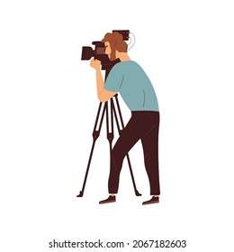 Cameraman standing with professional camera on tripod, shooting and recording. Man, TV operator work with video equipment. Colored flat vector illustration of videographer isolated on white background