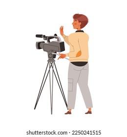 Cameraman Standing with Professional Camera on Tripod Shooting and Recording Vector Illustration