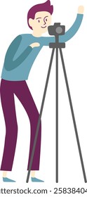 Cameraman taking photos or recording video looking through camera on tripod and waving hand, simple flat vector illustration on white background