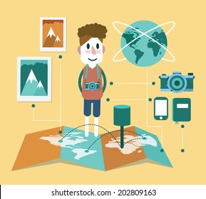 Cameraman and travel element info graphic. flat design. vector illustration