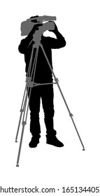 Cameraman with tripod with video camera on sport event vector silhouette isolated on background. Concert reporter on duty. Breaking news in studio. Broadcast in live. Video technology.