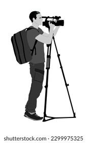 Cameraman with tripod with video camera on sport event vector illustration isolated on background. Concert reporter with backpack on duty. Breaking news in studio. Broadcast in live. Video technology.