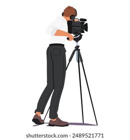 Cameraman Using Professional Video Camera Mounted On A Tripod. Male Figure Is Wearing Casual Clothing And Appears Focused On The Filming Task. Vector Concept Of Media, Videography And Film Production