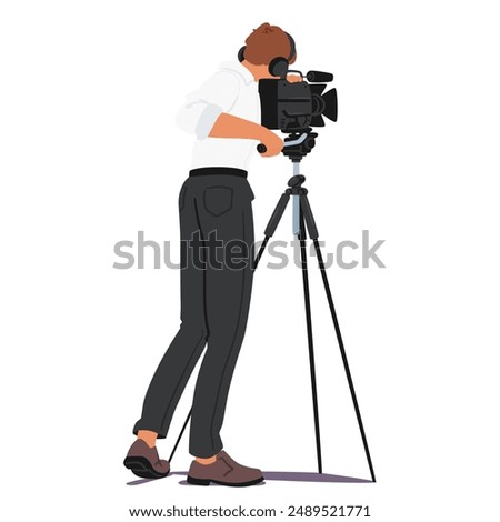Cameraman Using Professional Video Camera Mounted On A Tripod. Male Figure Is Wearing Casual Clothing And Appears Focused On The Filming Task. Vector Concept Of Media, Videography And Film Production