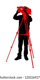 Cameraman vector silhouette with video camera on event, concert, sport match,  isolated on background. Reporter vector illustration.  Breaking news in studio. Broadcast in live. Video technology.