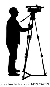 Cameraman vector silhouette with video camera on event, concert, sport match, isolated on background. Reporter vector illustration. Breaking news in studio. Broadcast in live. Video technology.