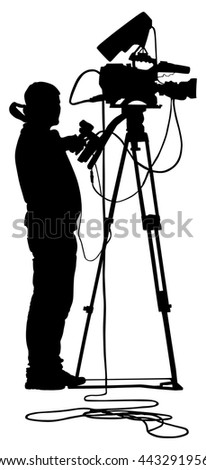 Cameraman vector silhouette with video camera on event, concert, sport event,  isolated on background. Vector illustration.  Breaking news in studio. Broadcast il live.