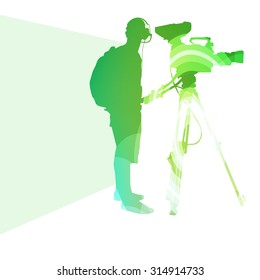 Cameraman with video camera silhouette illustration vector background colorful concept made of transparent curved shapes