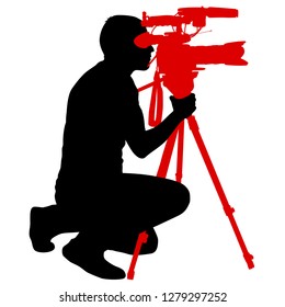 Cameraman with video camera. Silhouettes on white background