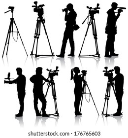 Cameraman with video camera. Silhouettes on white background. Vector illustration.