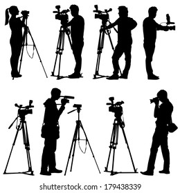 Cameraman with video camera. Silhouettes on white background. Vector illustration.