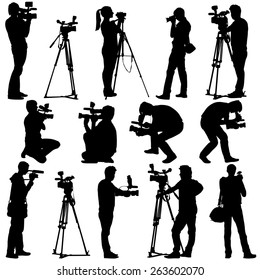 Cameraman with video camera. Silhouettes on white background. Vector illustration.