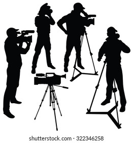 Cameraman with video camera. Silhouettes on white background. Vector illustration