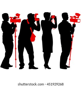 Cameraman with video camera. Silhouettes on white background. Vector illustration.