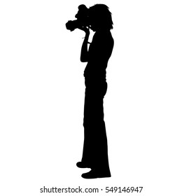 Cameraman with video camera. Silhouettes on white background. Vector illustration
