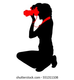 Cameraman with video camera. Silhouettes on white background. Vector illustration.
