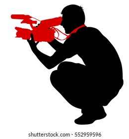 Cameraman with video camera. Silhouettes on white background. Vector illustration.