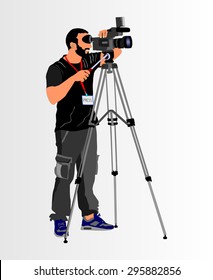 Cameraman with video camera in studio isolated on background. Vector illustration.