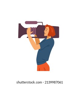 Cameraman or video operator shooting a video, cartoon flat vector illustration isolated on white background. Professional video making and cinematography.