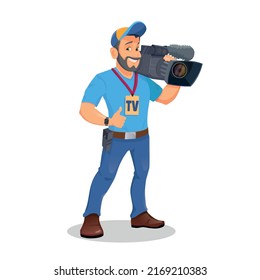 Cameraman or video operator shooting a video. Vector illustration isolated on white.