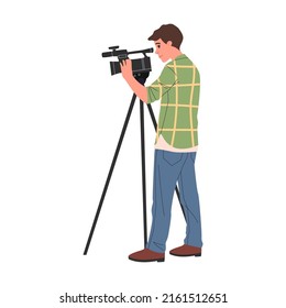 Cameramen, presenters on breaking news background flat vector illustration. Couple of news anchors. TV show, channel, broadcasting concept