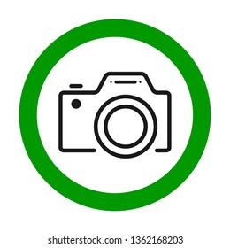 Cameras allowed sign. Flat icon in green circle. Vector illustration .