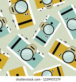 Cameras hand drawn seamless pattern. Colorful overlapping background vector with camera, photographing. Decorative wallpaper, good for printing. Backdrop design, flat style