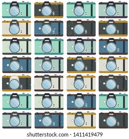 Cameras hand drawn seamless pattern. Colorful overlapping background vector with camera, photographing. Decorative wallpaper, good for printing. Backdrop design, flat style