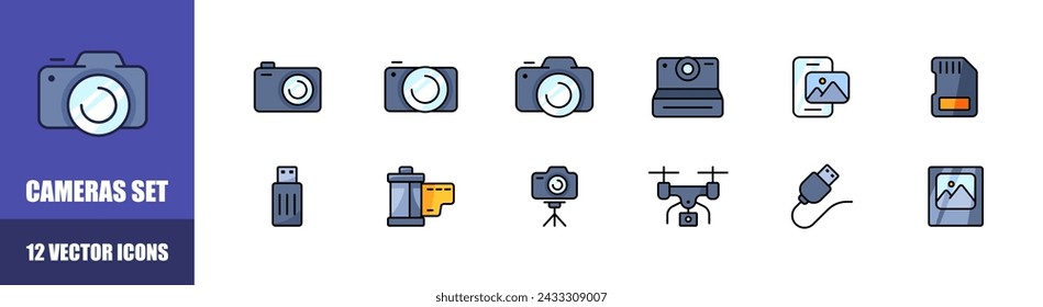 Cameras icon set. Flat style. Vector icons