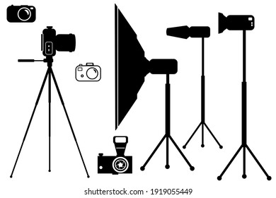 Cameras icon set, studio flash and tripod