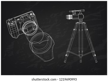 A cameras on black background. 3d Drawing