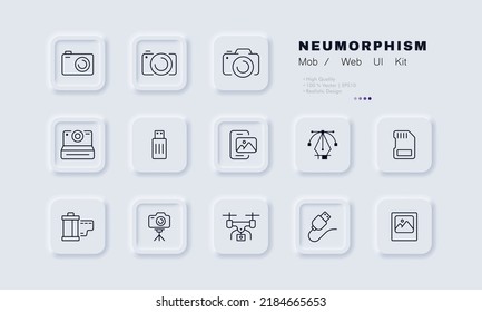 Cameras set icon. Photo, take picture, flash drive, digital, file, phone, sd card, tripod, drone, quadcopter, cable, framed picture. Art concept. Neomorphism style. Vector line icon for Business.