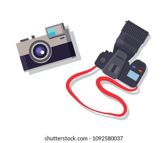 Cameras set isolated colorful vector illustration of two devices for photo making, professional equipment, photographer`s tools with special lenses