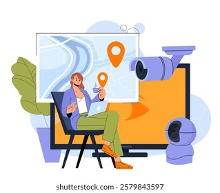 Cameras surveillance concept. Woman sitting at workplace under camera. Control of employees and workers. Safety and security system in office. Flat vector illustration