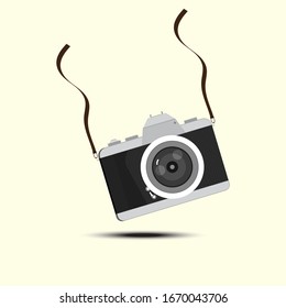 Cameras vector flat style, Retro camera in a flat style on a colored background. Old camera with strap.